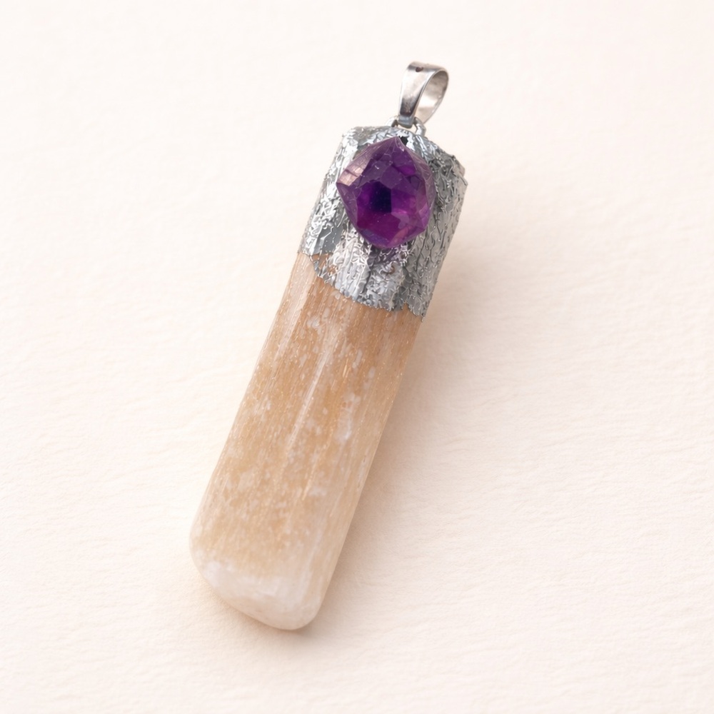 Druzy Selenite Crystal Pendant with Black Quartz Natural Peach Tone Silver-Tone